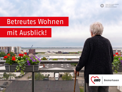 Betreutes Wohnen mit Weserblick | © Teilweise mit KI bearbeitet Eine Seniorin steht mit einem Gehstock auf einem Balkon und blickt auf die Weser | © Teilweise mit KI bearbeitet